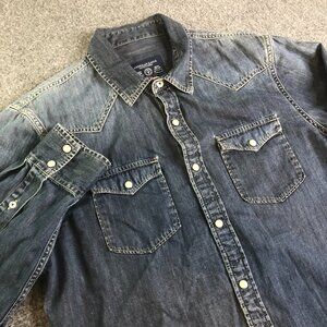 American Eagle Denim Shirt Mens Medium Blue Pearl Snap Western Faded Distressed